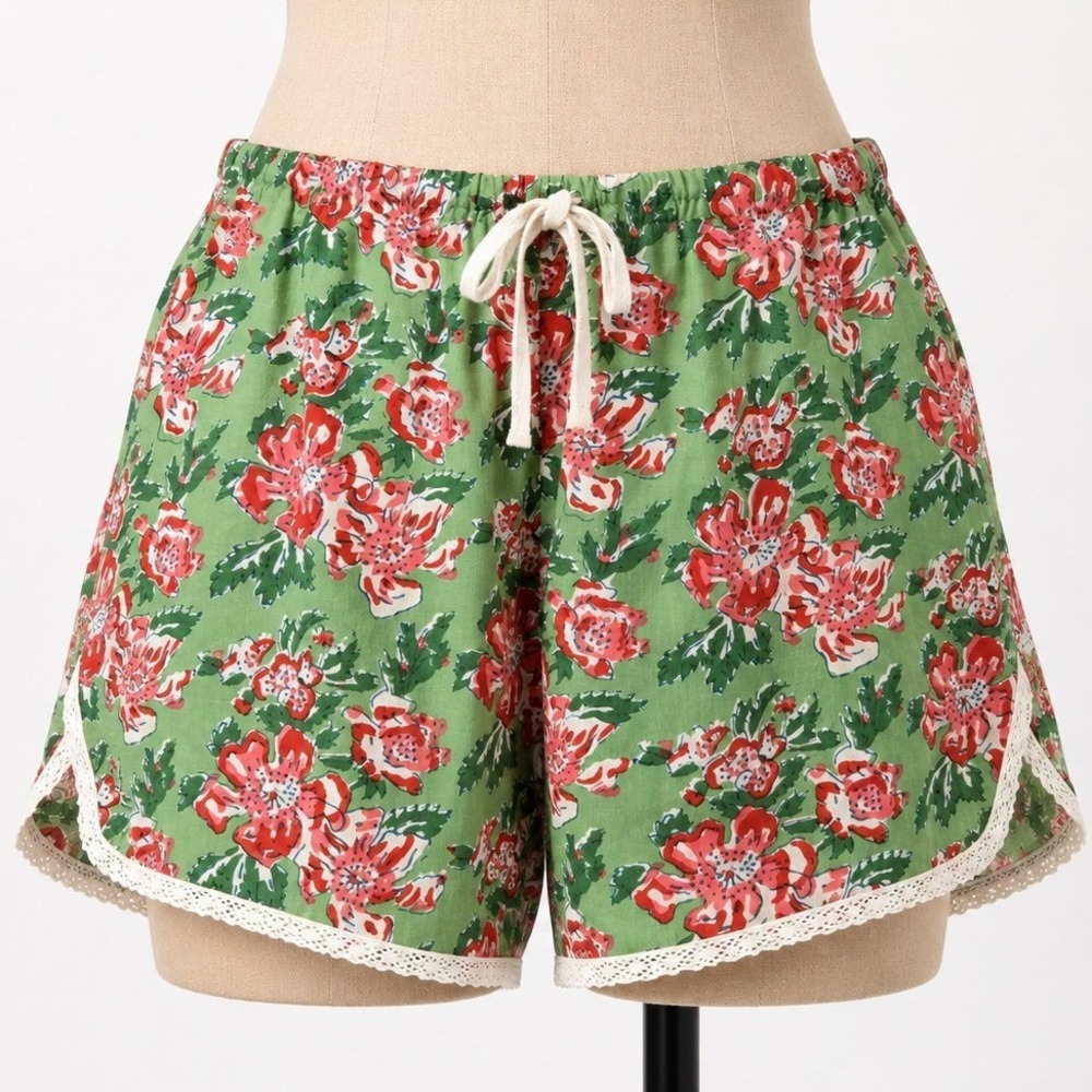 Floral 100% Cotton‎ Drawstring Sleep Shorts 1X Green Pink Fairy Cottagecore PJs